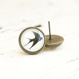 Cabochon Dangly & Stud Earrings / Natural Graphic Swallow / Black And White