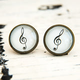 Cabochon Dangly & Stud Earrings / Natural Graphic Treble Clef / Black And White