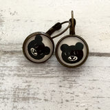 Cabochon Dangly & Stud Earrings / Natural Graphic A Bear Face / Black And White
