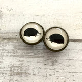 Cabochon Dangly & Stud Earrings / Natural Graphic Hedgehog / Black And White