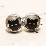 Cabochon Dangly & Stud Earrings / Natural Graphic Black Cat Face / Black And White