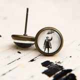Cabochon Dangly & Stud Earrings / Natural Graphic French Man With An Umbrella / Black And White