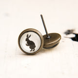Cabochon Dangly & Stud Earrings / Natural Graphic Dancing Bunny / Black And White