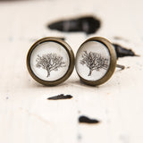 Cabochon Dangly & Stud Earrings /  Natural Graphic Tree / Black And White