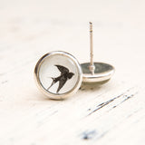 Cabochon Dangly & Stud Earrings / Natural Graphic Swallow / Black And White