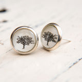 Cabochon Dangly & Stud Earrings /  Natural Graphic Tree / Black And White