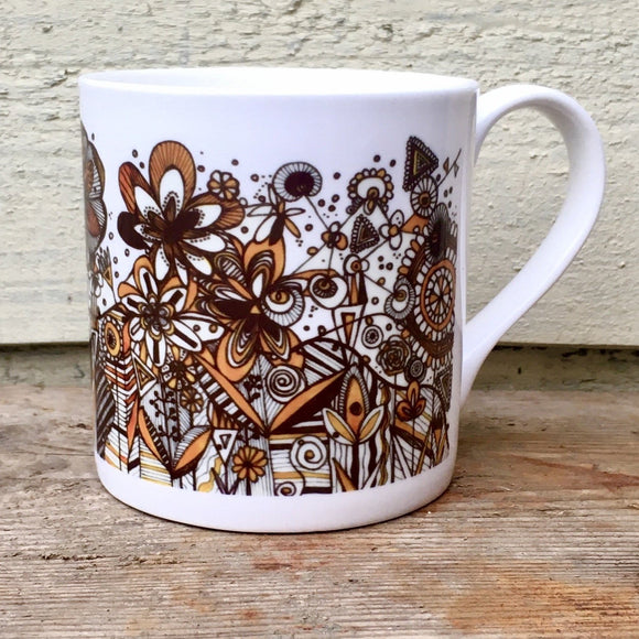 Mustard Black and White squiggles and lines floral pattern fine China Mug