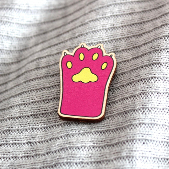 Pink Cat Paw Wooden Pin Badge
