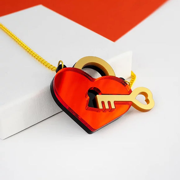 Key To My Heart Necklace- Mirrored Red