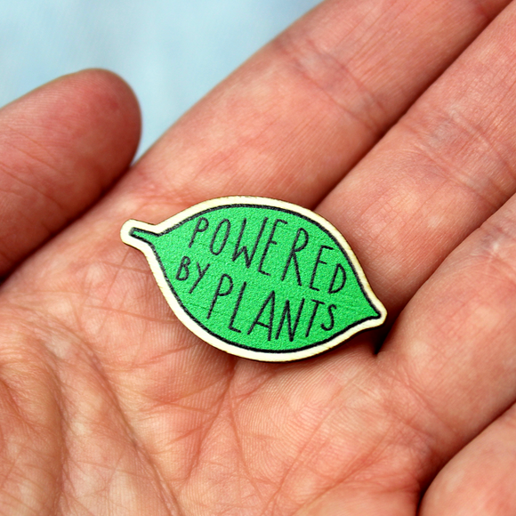 Powered by Plants Leaf Shaped Wooden Pin Badge by Embers and Ink